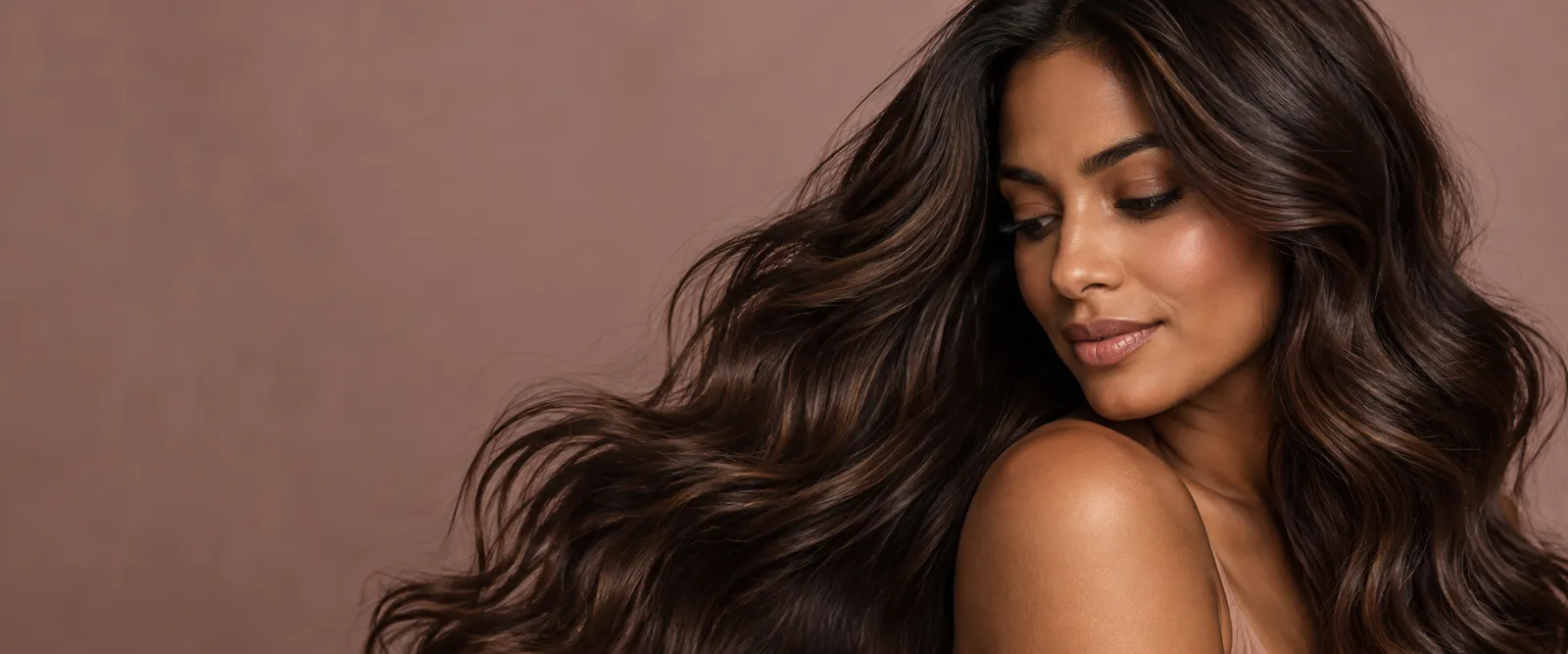 Woman with long dimensional brunette waves