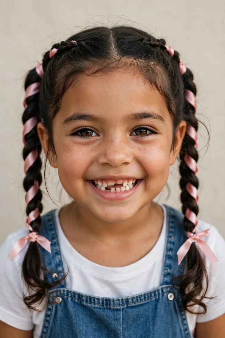 Two Braided Pigtails With Ribbon Woven In