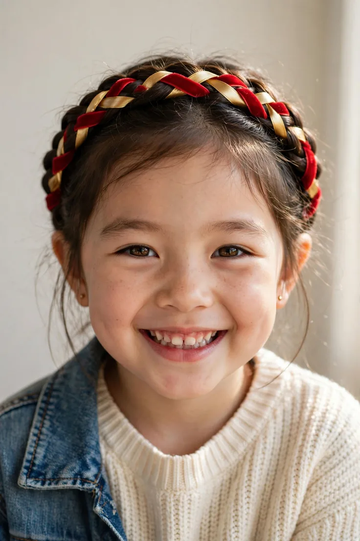 Crown Braid With Red And Gold Ribbons
