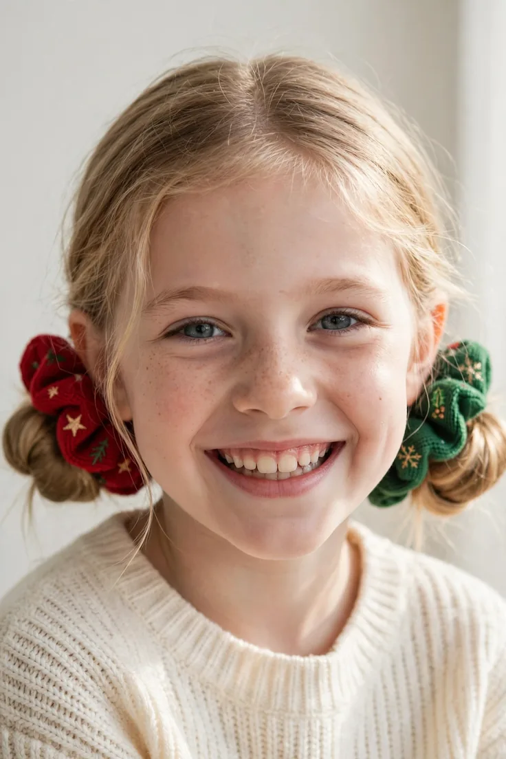 Two Low Space Buns With Festive Scrunchies