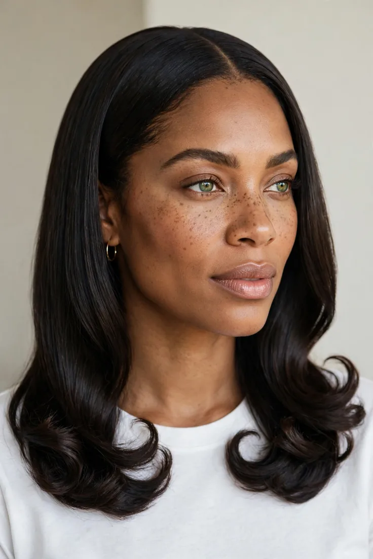 Silk Press With A Middle Part And Curled Ends