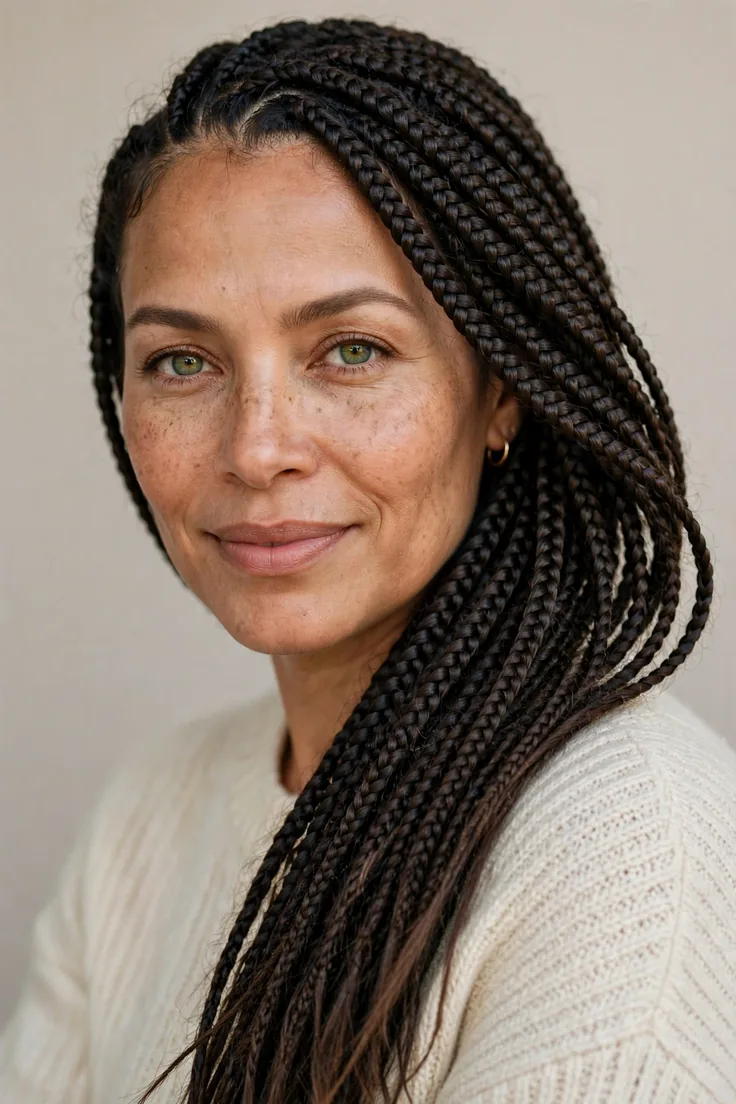 Long Box Braids With A Side Sweep