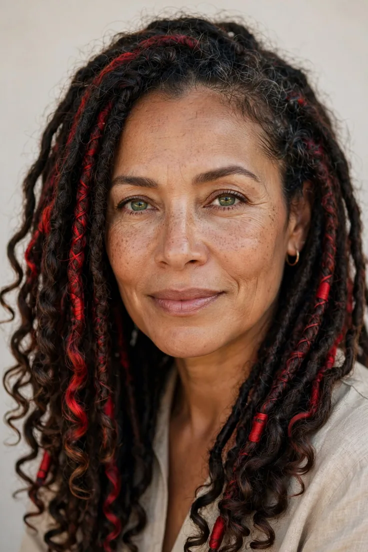 Goddess Locs With Red Accents